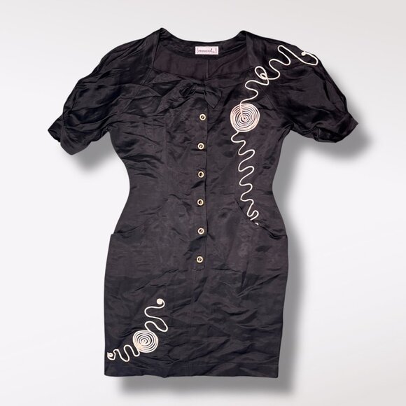 Vintage 80s Black Puff Sleeve Dress Italy Primadonna Buttons Pockets Size Small - Picture 9 of 10